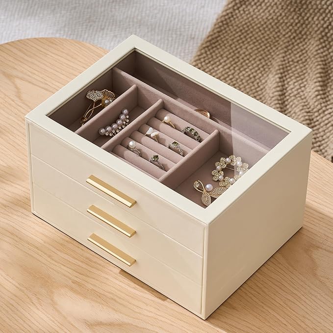 pickpiff Jewelry Box Organizer Case for Women: 3-Layer Jewelry Storage Case with Glass Window, Ivory Leather with Pink Velvet