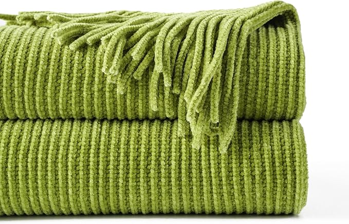 BATTILO HOME Apple Green Throw Blanket for Couch, Soft Chenille Knit Throws with Tassels for Home Decor, Spring Green Throws 