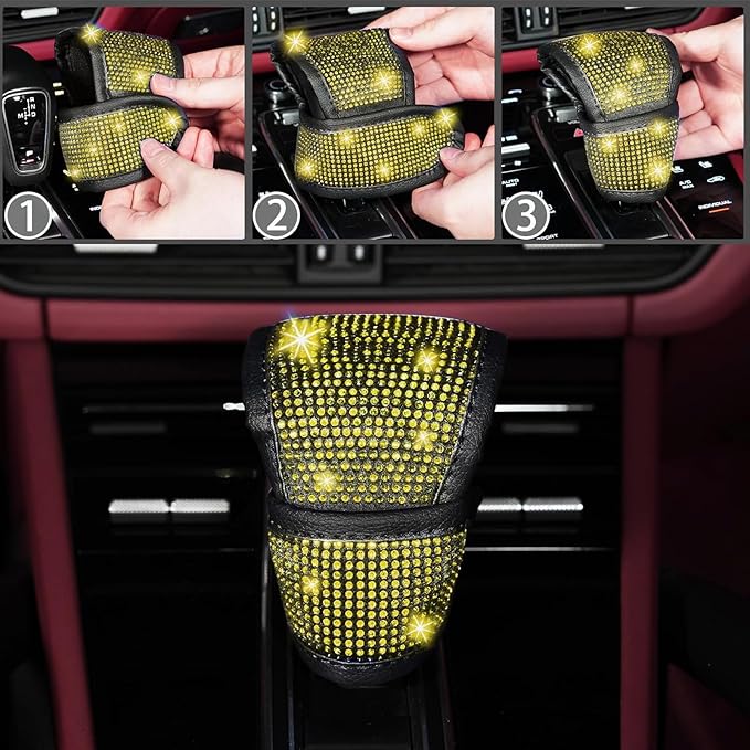 NBTEPEM 30 Pcs Yellow Bling Car Accessories Set for Women, Steering Wheel Cover Set, Bling Console Cover, Seat Belt Cushion, Shift Knob Cushion, Cup Holder Coaster, Rhinestone Car Hanging Accessories