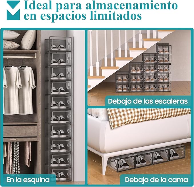 Kuject Large Shoe Organizers Storage Boxes for Closet, 12 Pack Clear Plastic Stackable Storage Bins with Lids, Under Bed Shoe