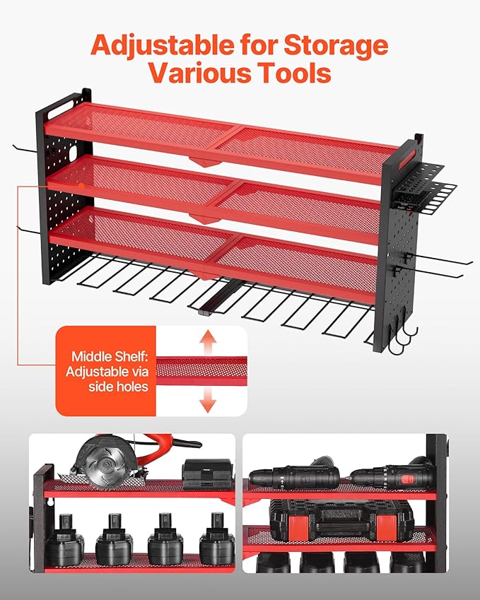 VEVOR Power Tool Organizer Wall Mount, 4-Layer Storage Rack with 8 Drill Holders, Tools Holder and Storage Rack with Side Peg