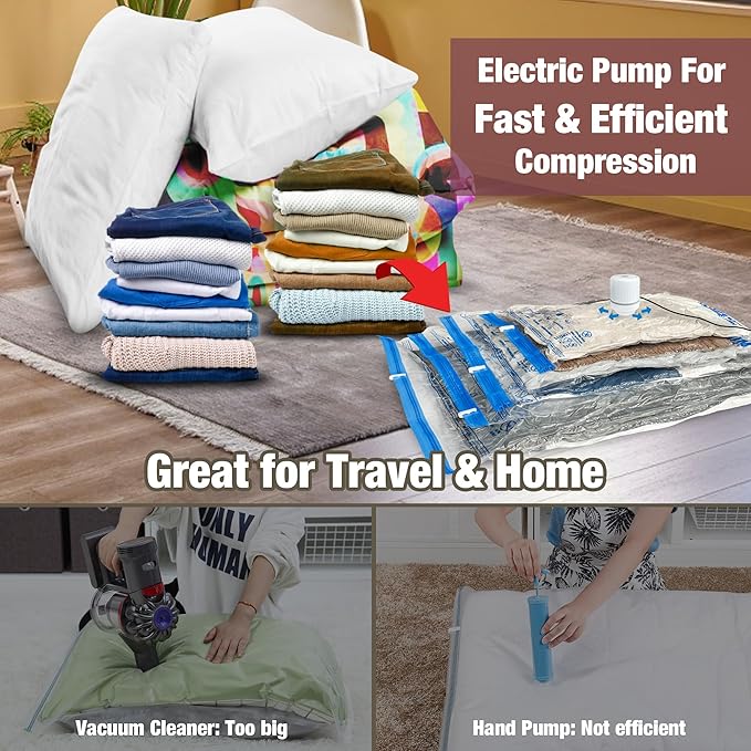 HIBAG Vacuum Storage Bags with Electric Pump, Vacuum Seal Bags for Clothing, Pillows, Blanket Bedding Comforters, 10 pack Jum
