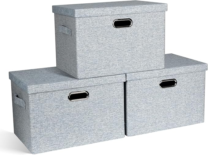 Graciadeco Large 17" 36 Quart Collapsible Stackable Storage Bins with Lids, 3 Packs Blue-Grey Linen Fabric Closet Boxes with 