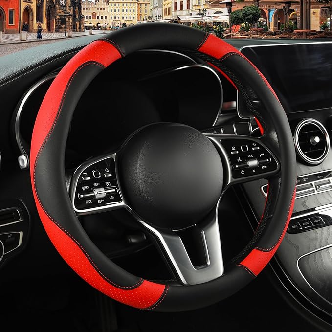 Microfibre Leather Auto Car Steering Wheel Cover,Anti Slip 15 Inch,Black and Red