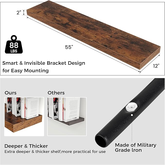Floating Shelves for Wall, 55 Inch Wide x 12 Inch Deep Floating Shelves, Long Wood Floating Wall Shelf Shelves for Living Roo