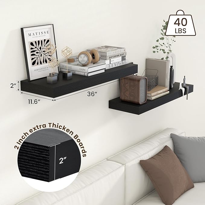 Deep Floating Shelves | 36 Inch Black Floating Shelves Set of 2 | 12 Inch Deep Rustic Wood Shelves for Wall | 36" W x 12" D B