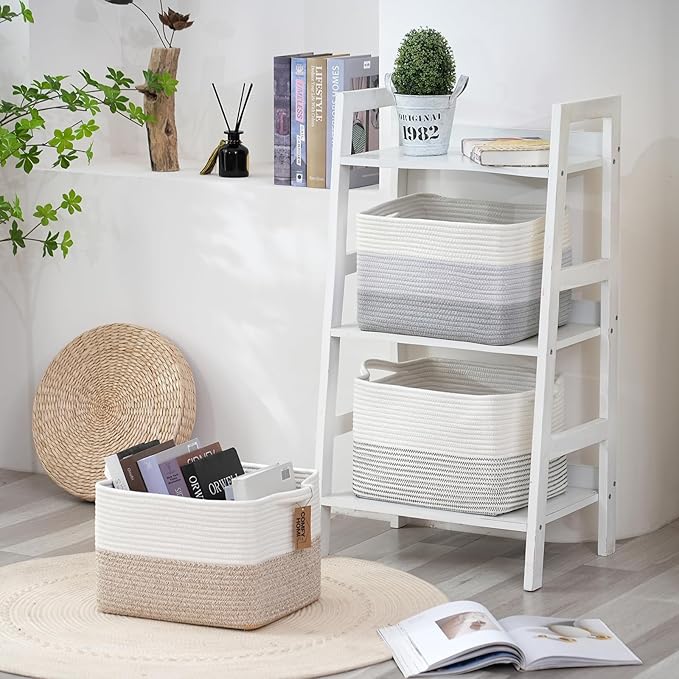 COMFY-HOMI 3-Pack Cotton Rope Woven Basket with Handles for Shelves, Books, Toys, Cloth Storage|Towel Storage|Nursery Baby Ba
