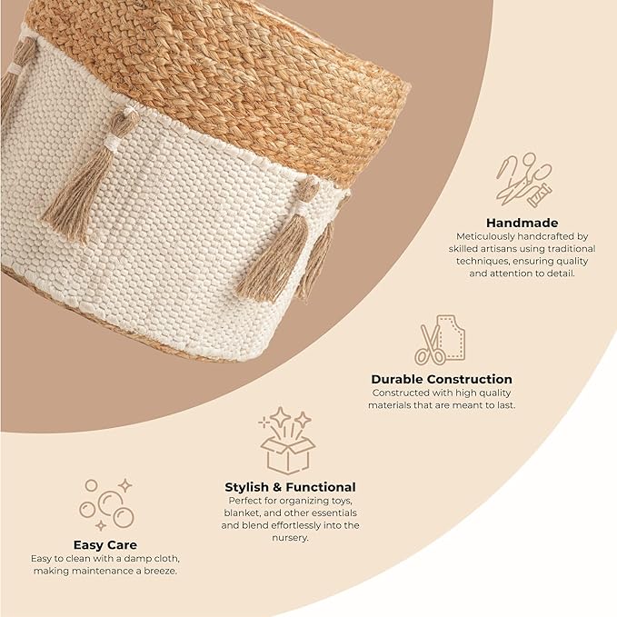 Crane Baby Boho Safari Nursery Decor Baby Storage Bin, Cotton & Jute Collapsible Fabric Basket Organizer, 13X12 Jute 13 X 12 