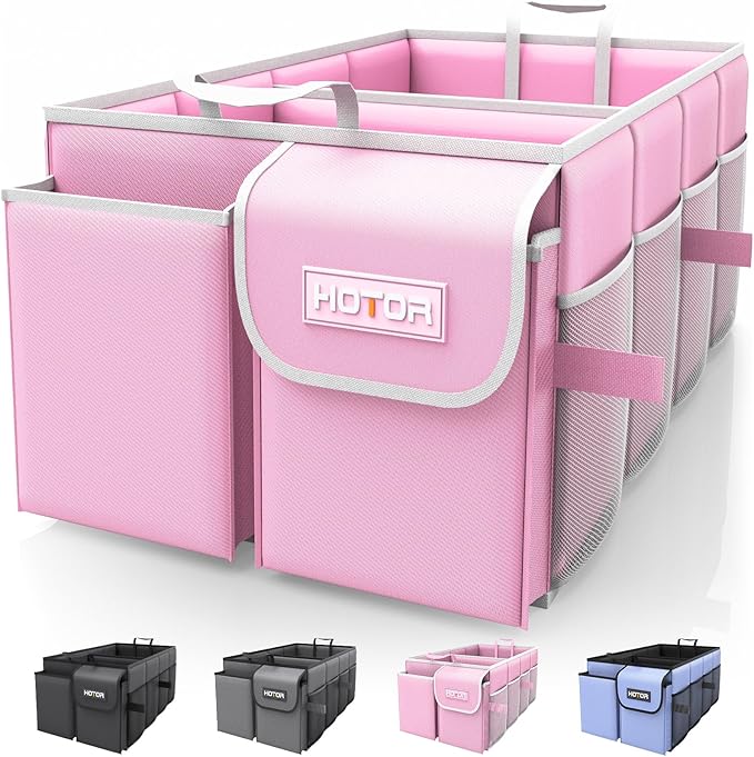 HOTOR Foldable Trunk Organizer - SUV & Sedan Compatible, 2 Compartments, Pink, 23.6x14.2x10.6 Sturdy Car Organization
