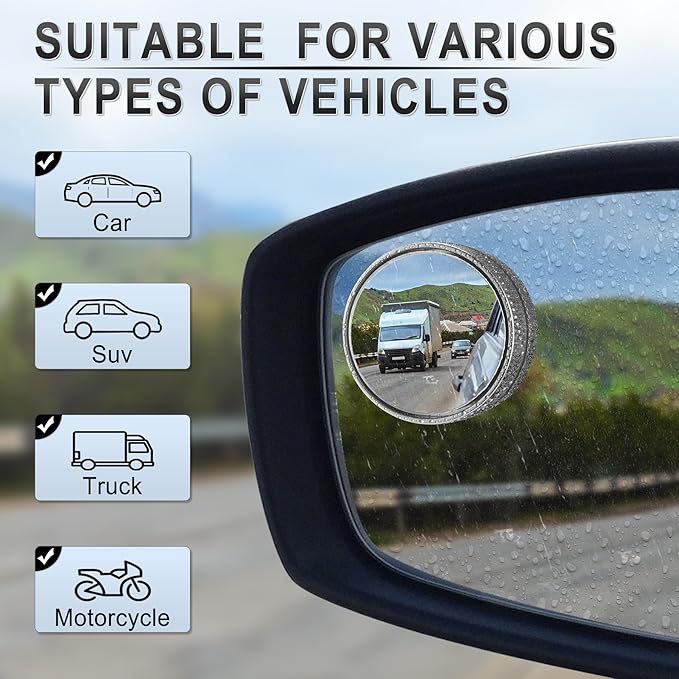 LivTee Blind Spot Mirror, 2" Round HD Glass Frameless Convex Accessories with Suction Cup, ABS Housing, 360° Adjustable Wide-Angle Rear View Mirror for Cars, SUVs, and Trucks, Pack of 2