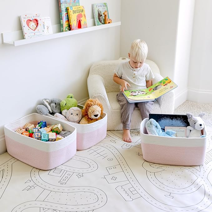NaturalCozy Storage Baskets 16.8”x13”x7.6” Cotton Rope Woven Baskets for Organizing 3-Pack | Toy Storage Bins | Basket for Sh