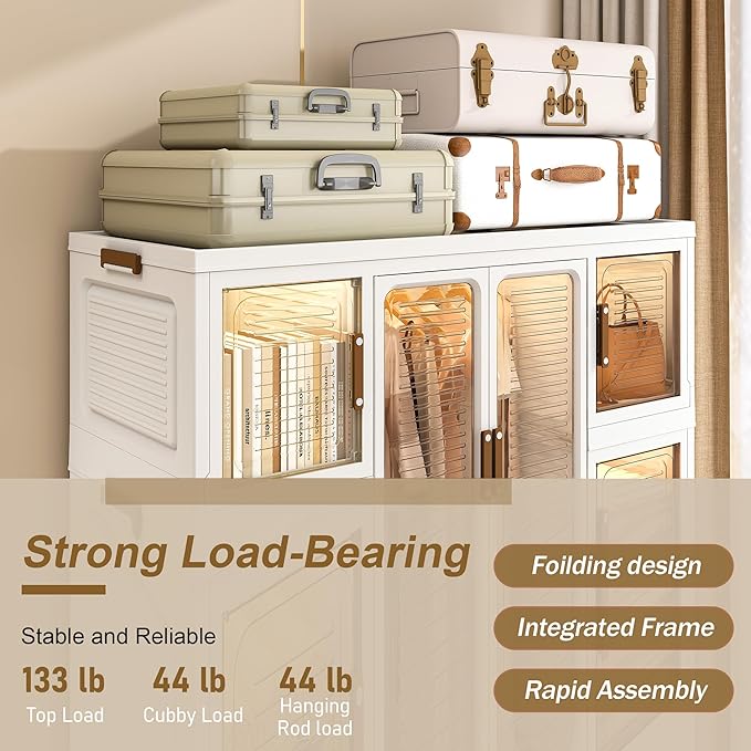 Portable Wardrobe Storage Cabinet, Large Closet Organizer with Magnetic Doors and Wheels, Portable Kids Closet with 2 Hanging