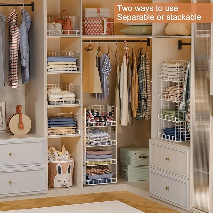4-Tier Stackable Closet Organizers and Storage Basket, Foldable Closet Shelf Organizer System, Space-Saving Clothes Storage D
