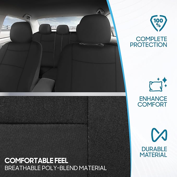 BDK PolyPro Car Seat Covers Full Set in Solid Black – Front and Rear Split Bench Seat Covers for Cars, Easy to Install Car Se
