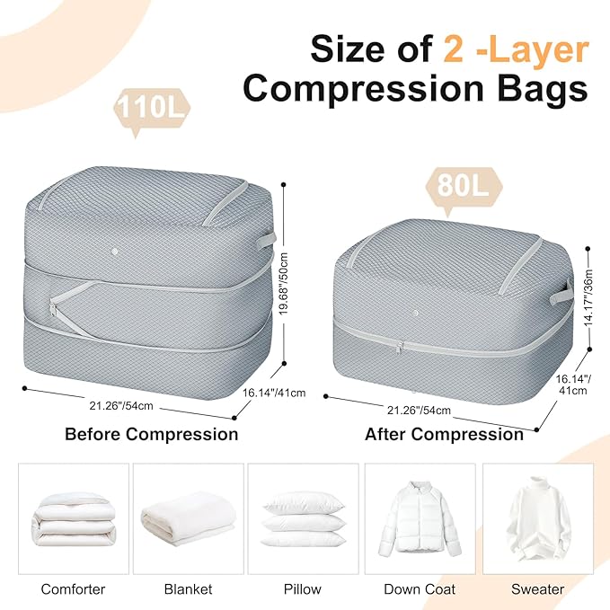 Comforter Storage Bag - 110L Large Capacity Blanket Storage Bags 2-Layer Ultra Space Saving Self Compression Organizer, Washa