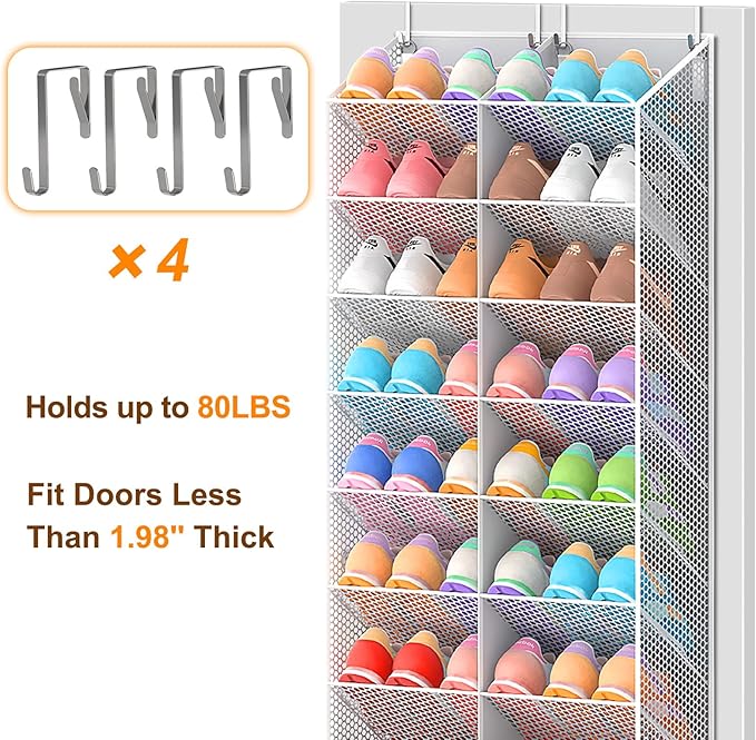30 Pairs Over the Door Shoe Organizer, Breathable Mesh Pocket Hanging Shoe Storage for Closet, 10-Tier Door Shoes Rack, Handi