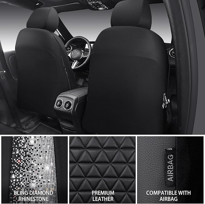 CAR PASS Bling Diamond Leather Car Seat Covers Full Seats Interior Sets, Waterproof Shining Glitter Sparkly Crystal Universal