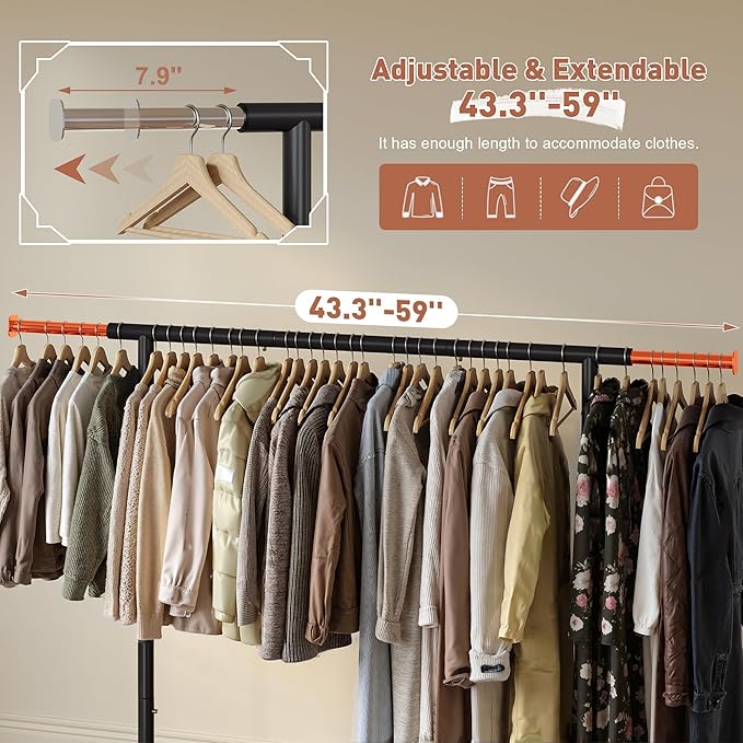 Raybee Clothing Rack for Hanging Clothes, Rolling Clothes Rack Load 250LBS, Metal Clothes Racks, Garment Rack with Wheels Por