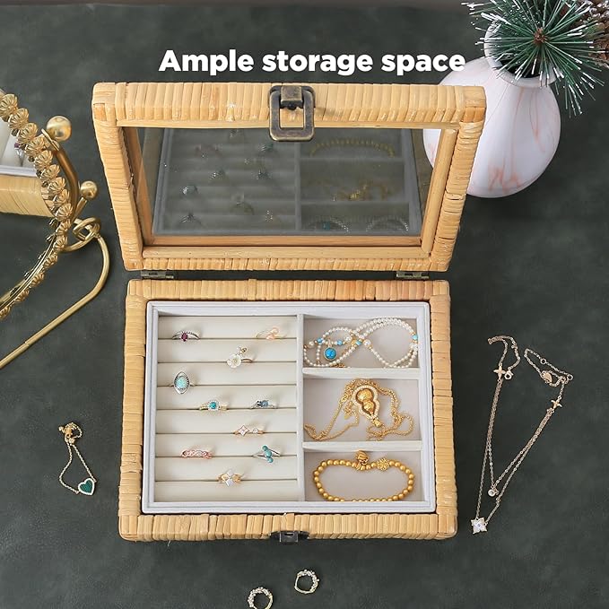 Jewelry Box for Women, Boho Rattan Jewelry Organizer Box for Storage Earrings Rings Necklace Bracelet, Farmhouse Jewelry Boxe