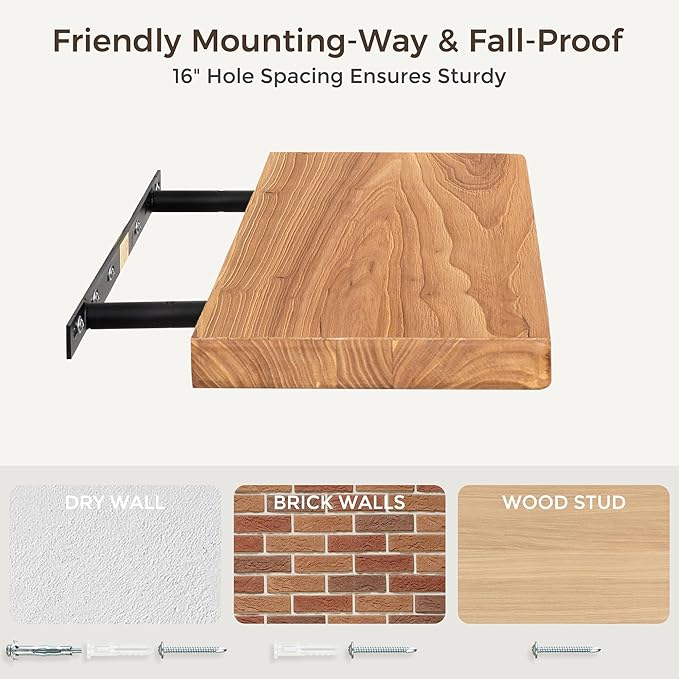 36" Rustic Elm Wood Floating Shelves, 8 Inch Deep Wall Shelves for Home Decor, Wall Mounted Floating Shelf with Invisible Bra