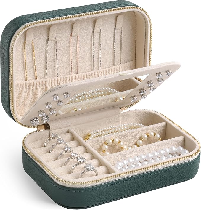 Genuine Leather Travel Jewelry Organizer Case with Mirror for Women, Small Mini Portable Jewelry Box for Ring Earrings Neckla