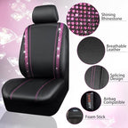CAR PASS Bling Diamond Car Seat Covers Full Set, Shining Rhinestone Waterproof Faux Leather, Rear with Zipper, Universal Fit Automotive Glitter Crystal Sparkle Strips for Women Girl, Black Pink