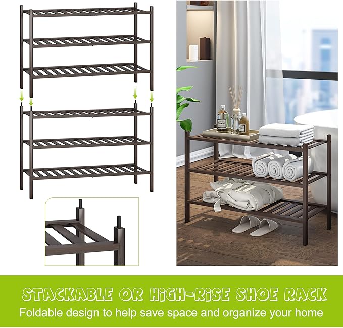 BMOSU 3-Tier Bamboo Shoe Rack Premium Stackable Shoe Shelf Storage Organizer for Hallway Closet Living Room Entryway Organize