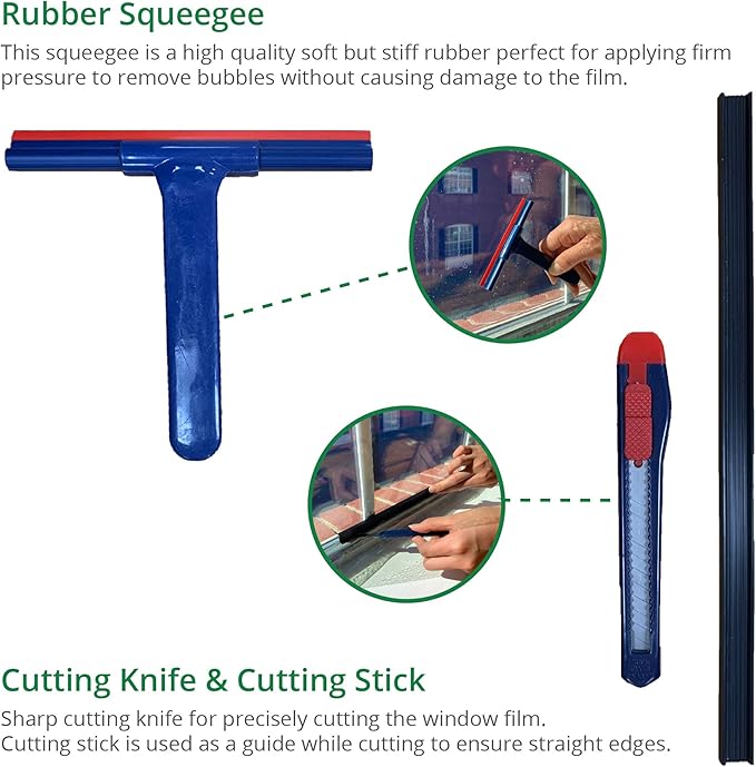 Greenfilm Residential Window Tinting Kit - 7 Pieces Home Window Tint Installation Tools Set - Spray Bottle, Solution Spray, Squeegee, Knife, Fabric Cloth and Cutting Bar