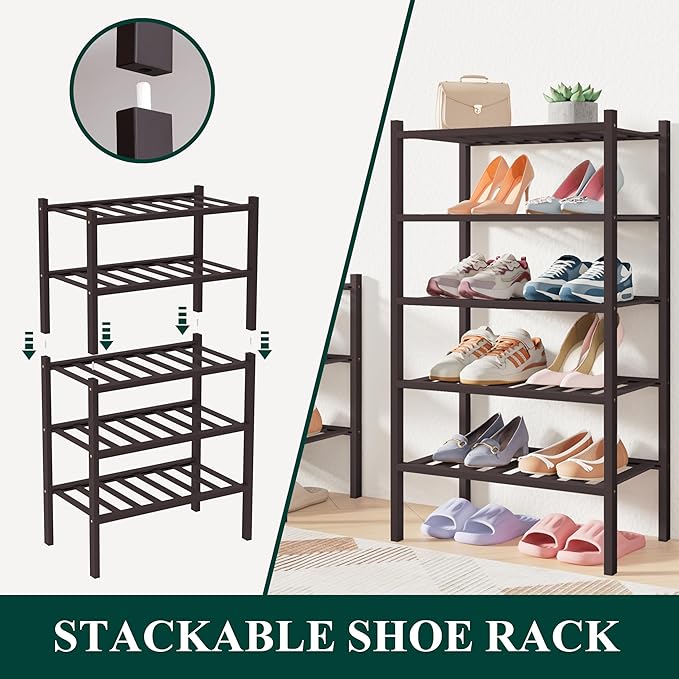 Smiry Bamboo Shoe Rack for Closet, 3 Tier Small Wooden Stackable Shoe Organizer, Free Standing Shoes Storage Shelf for Entryw