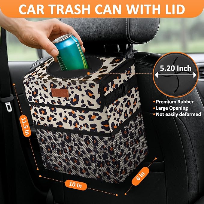 3 Gallons Cute Car Trash Can, Car Accessories for Interior Leak Proof Can Trash Bag Hanging Waterproof Automotive Vehicle Garbage Cans Leopard Print Pattern