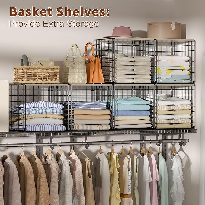3PCS Stackable Closet Organizers and Storage, Shelves with Wood Top Extra Storage, Clothes Organizer Basket, Bin, or Tube for