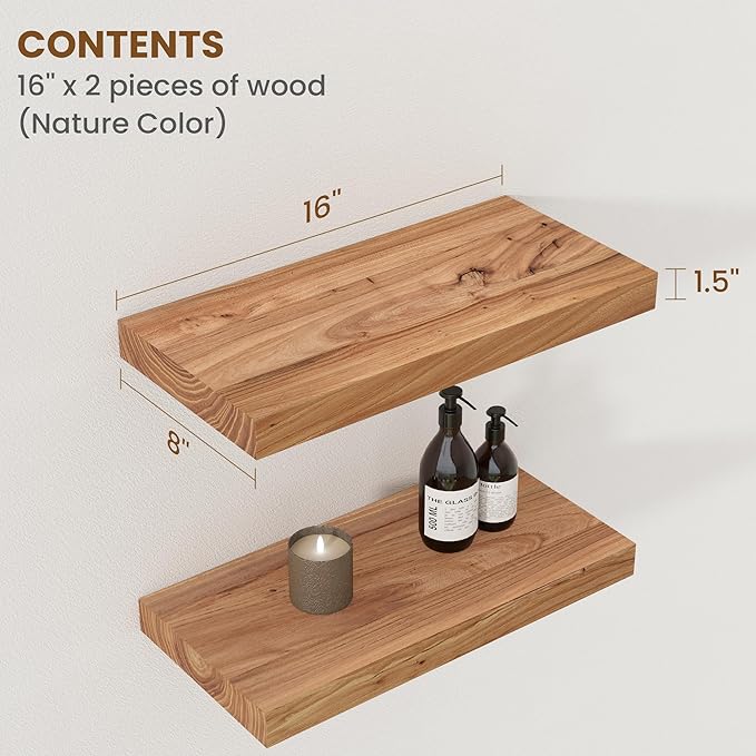 Floating Shelves for Wall Decor, 8" Deep Rustic Solid Elm Wood Floating Shelves Wall Mounted, Wall Shelves with Invisible Bra