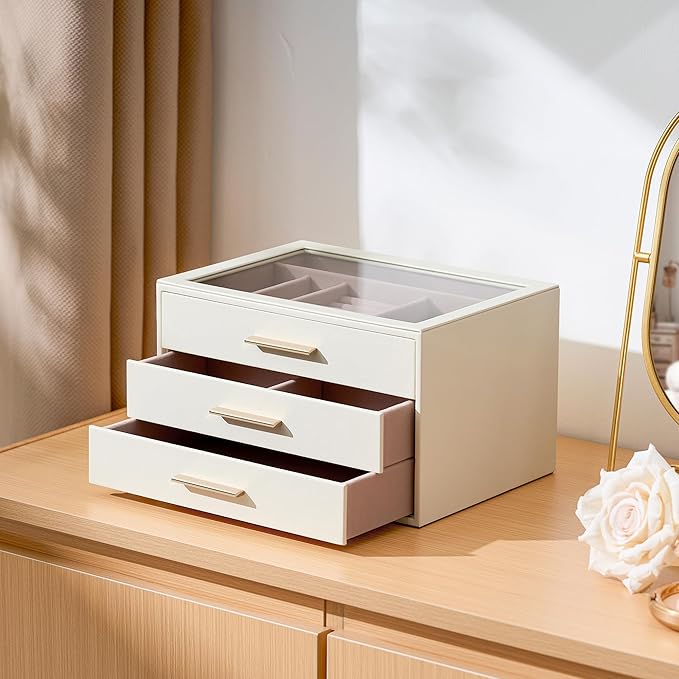 pickpiff Jewelry Box Organizer Case for Women: 3-Layer Jewelry Storage Case with Glass Window, Ivory Leather with Pink Velvet