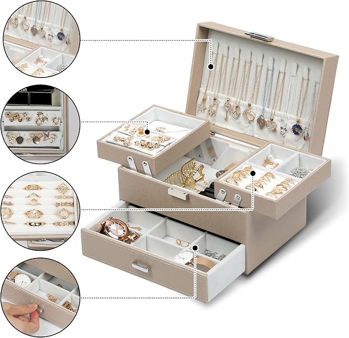 Dajasan Jewelry Organizer Box, Large Jewelry Boxes for Women Girls, Space-Saving 3 Layers Jewelry Storage Case with Drawer, M