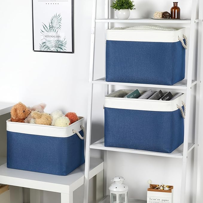 Bidtakay Large Storage Baskets for Shelves 3 Pack Fabric Storage Bins for Organizing Navy Blue Decorative Baskets Linen Colla