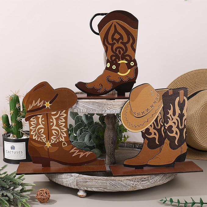 FYSUIMU 7 Pcs Western Cowboy Boots Wooden Centerpieces Western Brown Boot Shape Retro Wood Tabletop Signs for Tables for Rode
