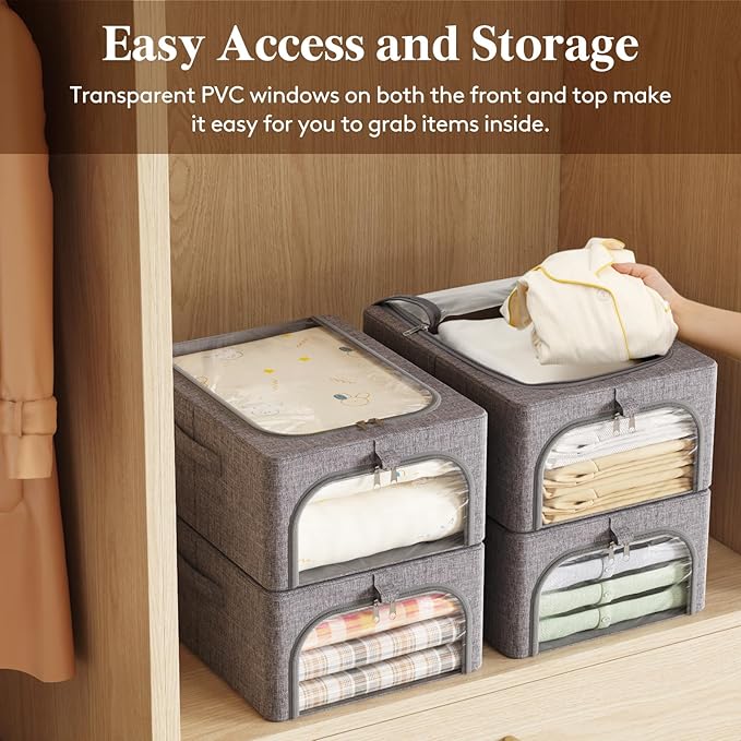 Lifewit Clothes Storage Bins with Metal Frame 3 Pack, Fabric Stackable Storage Bags with Lids, Zipper, Foldable Clost Organiz