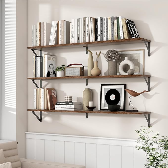 Axeman 48 Inch Floating Shelves | 8 Inch Deep Walnut Wall Shelves Set of 2 | 47.3W x 8D Rustic Wood Shelves for Bookshelf Liv