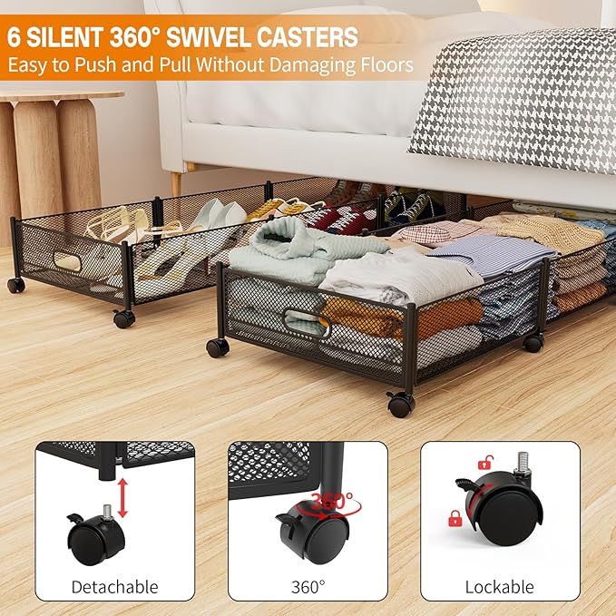 Under Bed Storage With Wheels, 47.2''/90lbs/57.6L, Metal Frame Under Bed Rolling Storage, Tool-Free Assembly Underbed Drawers
