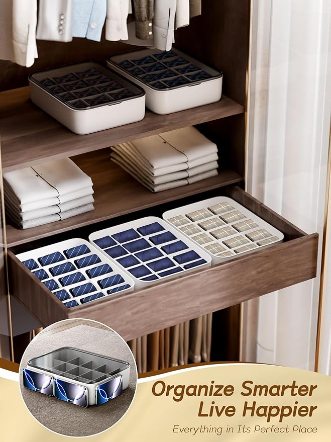 Sock and Underwear Organizer for Drawer with Lid, 15 Grid Plastic Storage Box for Closet and Dresser, Drawer Organizer for Ba