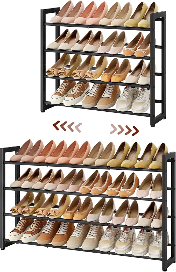 FAVOOSTY 4-Tier Expandable Shoe Rack, Adjustable Shoe Shelf Storage Organizer Space Saving Metal Free Standing Shoe Rack for 