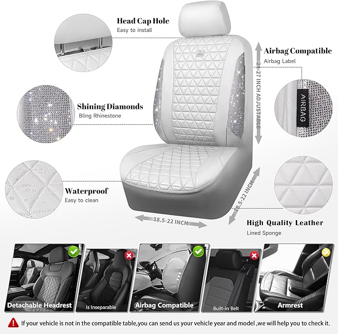 CAR PASS All White Bling Diamond Leather Car Seat Covers Full Sets,Waterproof Shining Glitter Sparkly Crystal Universal Fit f