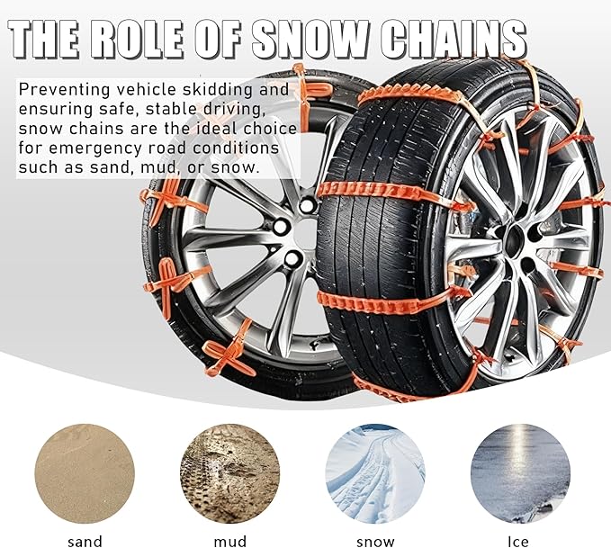 12 PCS Adjustable Anti-Slip，Reusable Snow Chains Fit for Most Car，SUV，Pickup Trucks Car for Snow Ice Sand Mud Road Mountain R
