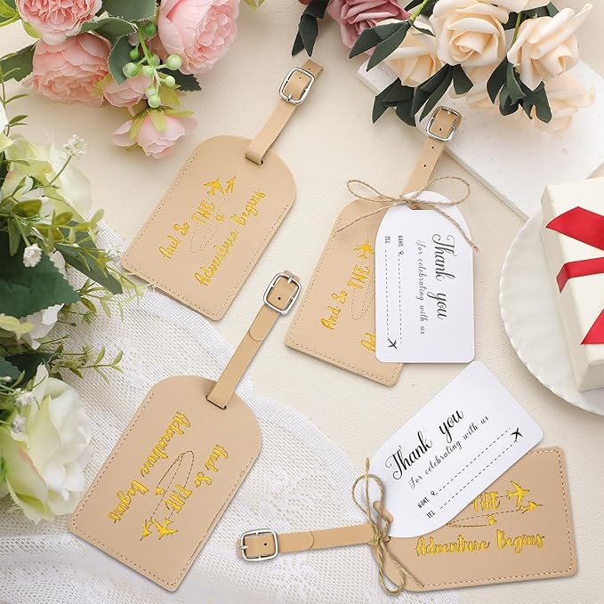 Sweetude 48 Sets Leather Luggage Tag Bulk and So The Adventure Begins Luggage Tags with Name Card for Wedding Bridal Shower B