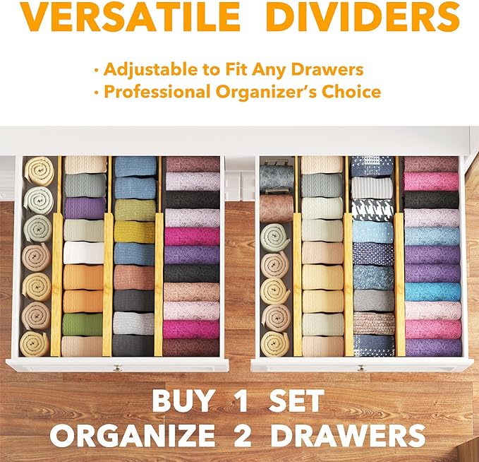 SpaceAid Bamboo Dresser Drawer Dividers 6 Pack, 4.65“ High Adjustable 12.5“-17” Drawer Organizers, Expandable Organization fo