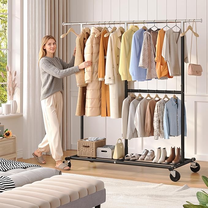 Raybee Clothes Rack Heavy Duty 450LBS, Clothing Racks for Hanging Clothes 200+, Metal Clothing Rack with Wheels, Rolling Comm