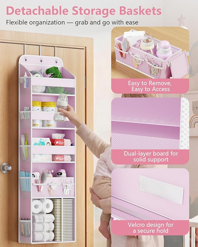 OneDream 5-Tier Over the Door Organizer with Removable Storage Caddy, Baby Clothes Organizer for Nursery, Hanging Behind Door