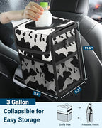 Capolo Car Trash Can with Lid, Leakproof Car Trash Bag Hanging Waterproof Automotive Garbage Can with Storage Pockets Mini Vehicle Trash Bin for Back/Front Seat(Cow Print,3 Gallon)