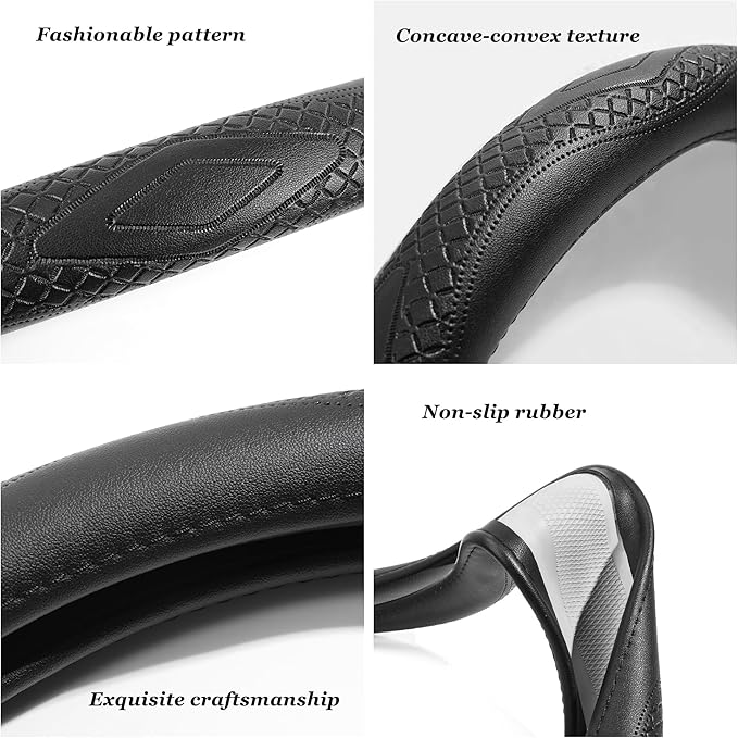Red Rain Black Cowhide Steering Wheel Covers Genuine Leather Car Steering Wheel Cover Protector Universal 15inch Wheel Cover Size M for Car SUV Truck (C-Black-M)