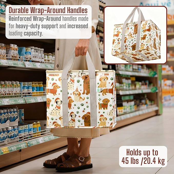VENO 2 Pack Insulated Cooler Bag for Food Delivery, Reusable Grocery Shopping Bag, Heavy Duty, Large Size, Durable Handles, Double Zippers, Lid, Collapsible (Holiday Pups, 2 Pack)